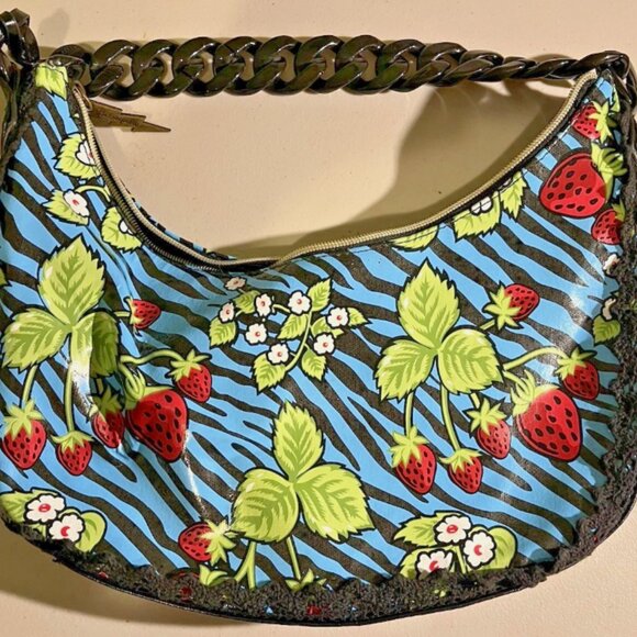 Y2K Betsey Johnson Strawberry fields Tiger print blue mini shoulder purse - Picture 1 of 5